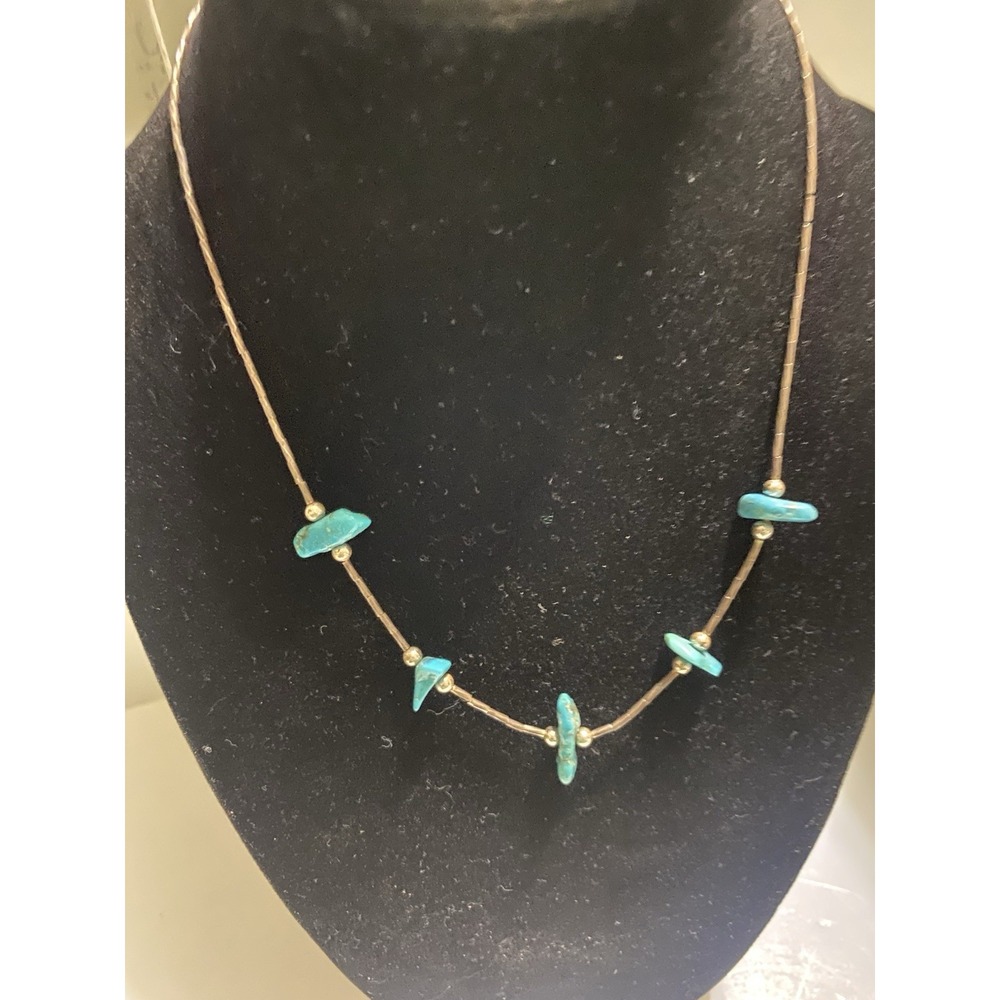 Liquid Silver Turquoise Station Necklace 16'